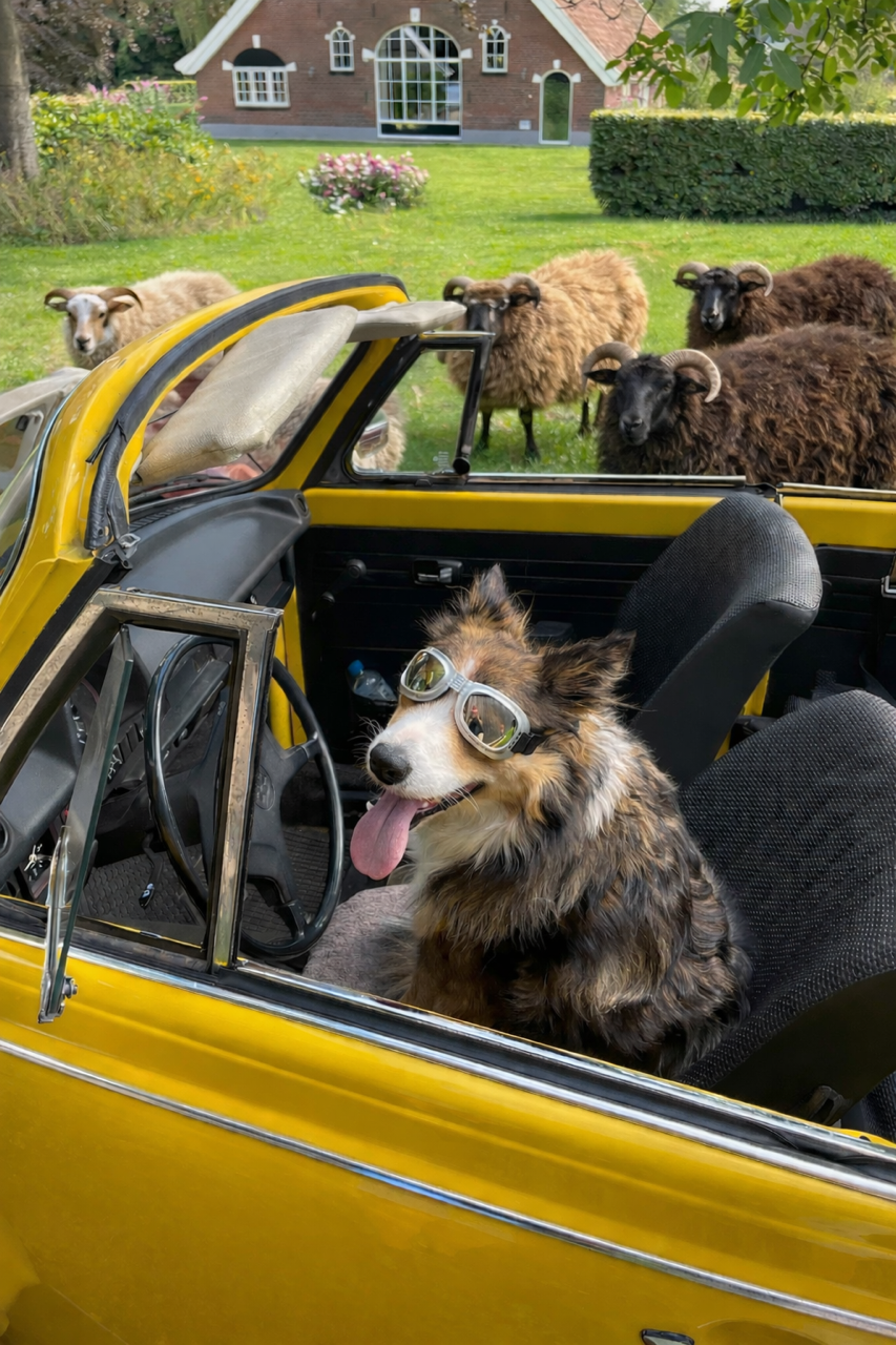 Team aan het schapendrijven in een wei tijdens workshop van HONDenWERK.nu